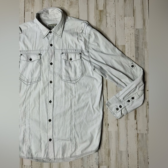 Buckle BKE Shirt Mens XXL White Black Stripe Long Sleeve Athletic Fit - Picture 2 of 13